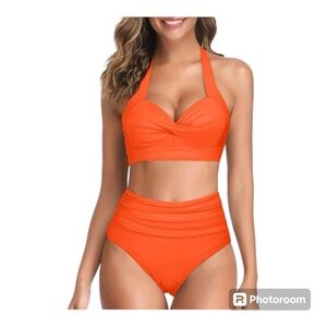Tempt Me Women Two Piece Swimsuit Retro Halter Ruched High Waist Bikini
